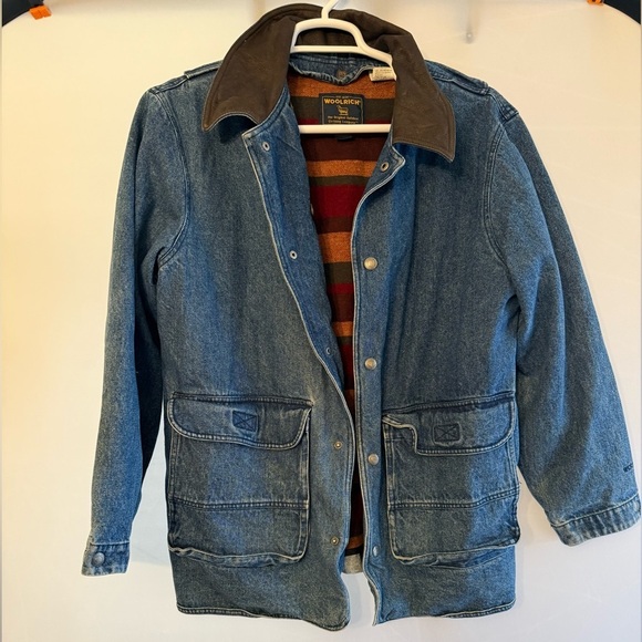 VINTAGE WOOLRICH REMOVABLE &0% WOOL LINING BARN DENIM JACKET-LEATHER TRIM COLLAR - Picture 1 of 9